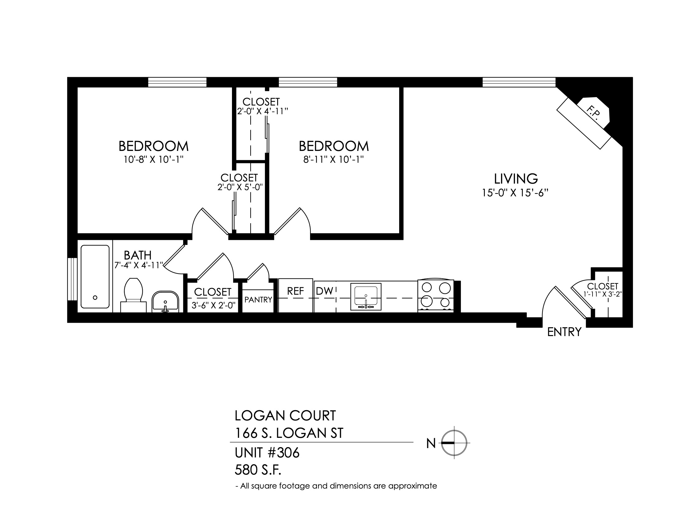 Floor plan for 2 beds, 1 bath, 735 sqft